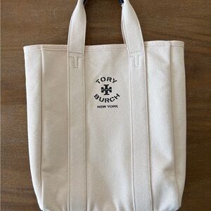 Tory Burch White Canvas Tote with Navy Blue Detail